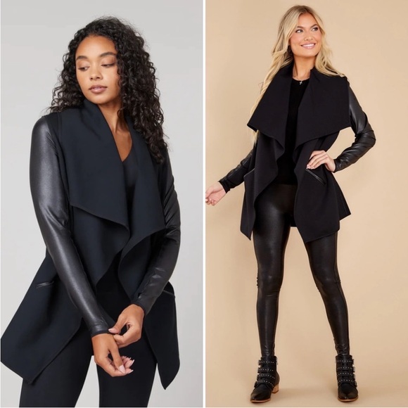 SPANX Jackets & Blazers - SPANX Drape Front Jacket Stretch Knit & Faux Leather Black Size 1X